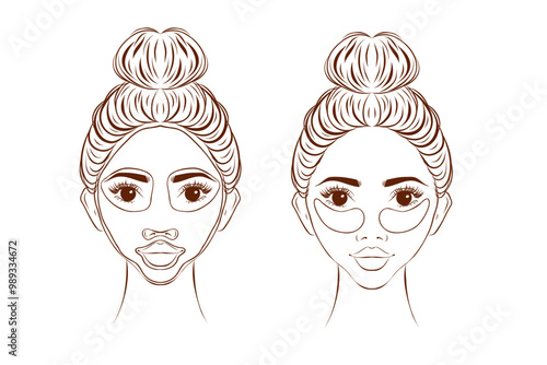 Skincare line icons set. Woman with problem skin applying pimple patch on her face. Acne treatment. Vector illustration isolated on white background.
