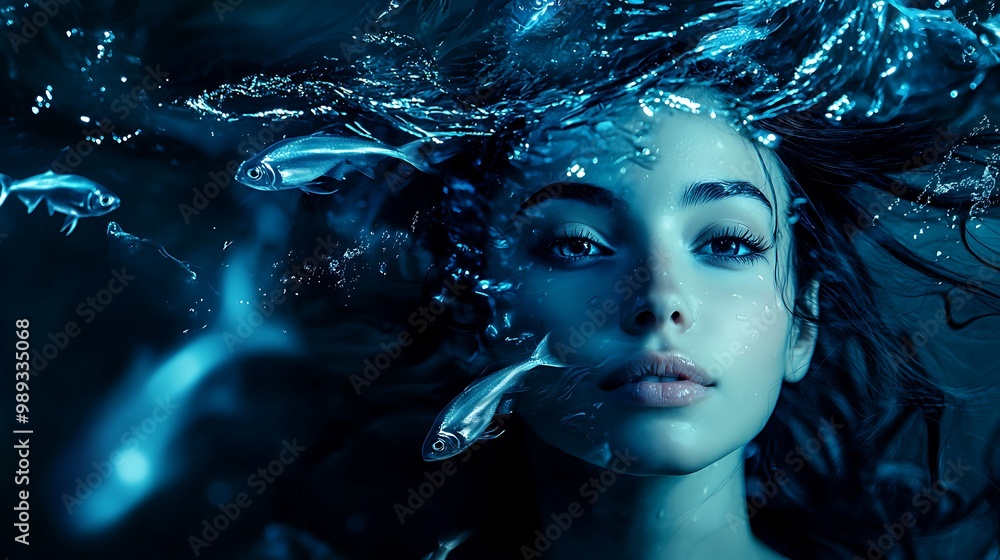 Aquatic Elegance: Serene Woman with Flowing Water and Fish, High Contrast Portrait in Cool Blue Tones Aquatic Elegance: Serene Woman with Flowing Water and Fish, High Contrast Portrait in Cool Blue Tones