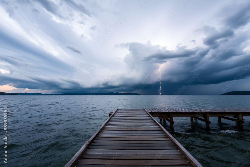 Obraz premium wooden pier in the sea with lightning in a gray sky