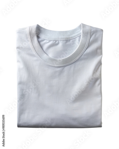 Neatly folded plain white t-shirt displayed from a top-down view. Simple round neckline and smooth fabric, perfect for casual wear or apparel design. Isolated on transparent background, png.