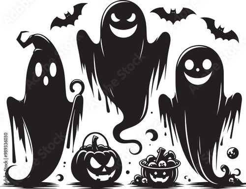 Halloween scary ghosts silhouette collection vector illustration isolated on a white background