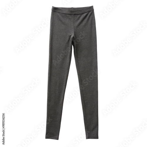 A pair of dark gray full-length leggings shown flat. Ideal for fitness, casual wear, or layering in athleisure outfits. Isolated on transparent background, png.