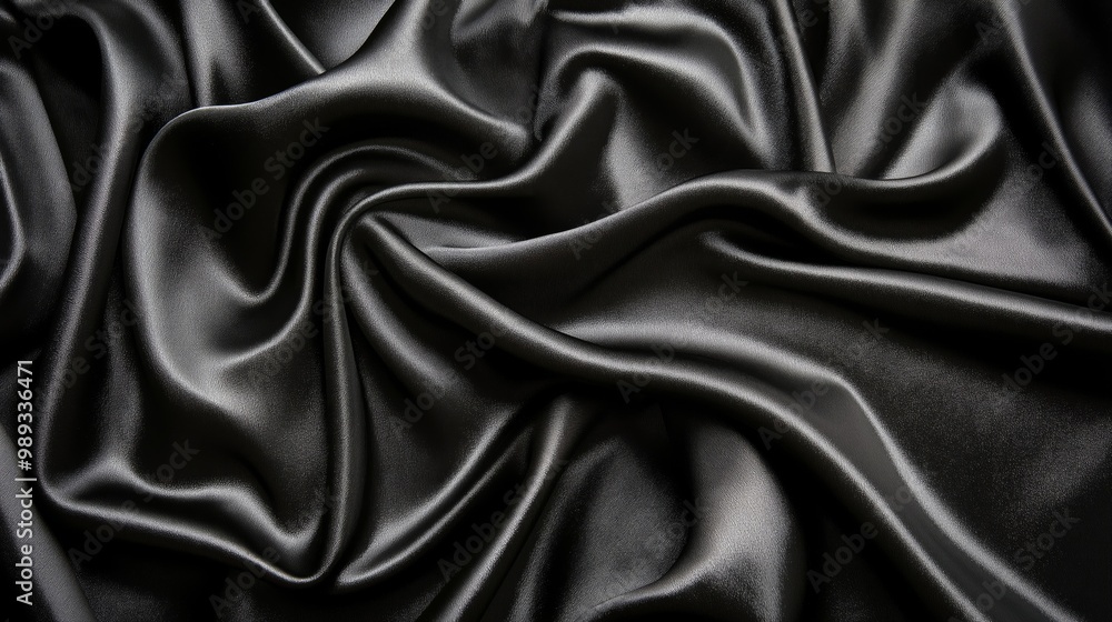 A close-up view of smooth black silk fabric, beautifully arranged in soft folds, capturing its shiny, luxurious texture, creating a sense of elegance, refinement, and sophistication A close-up view of smooth black silk fabric, beautifully arranged in soft folds, capturing its shiny, luxurious texture, creating a sense of elegance, refinement, and sophistication