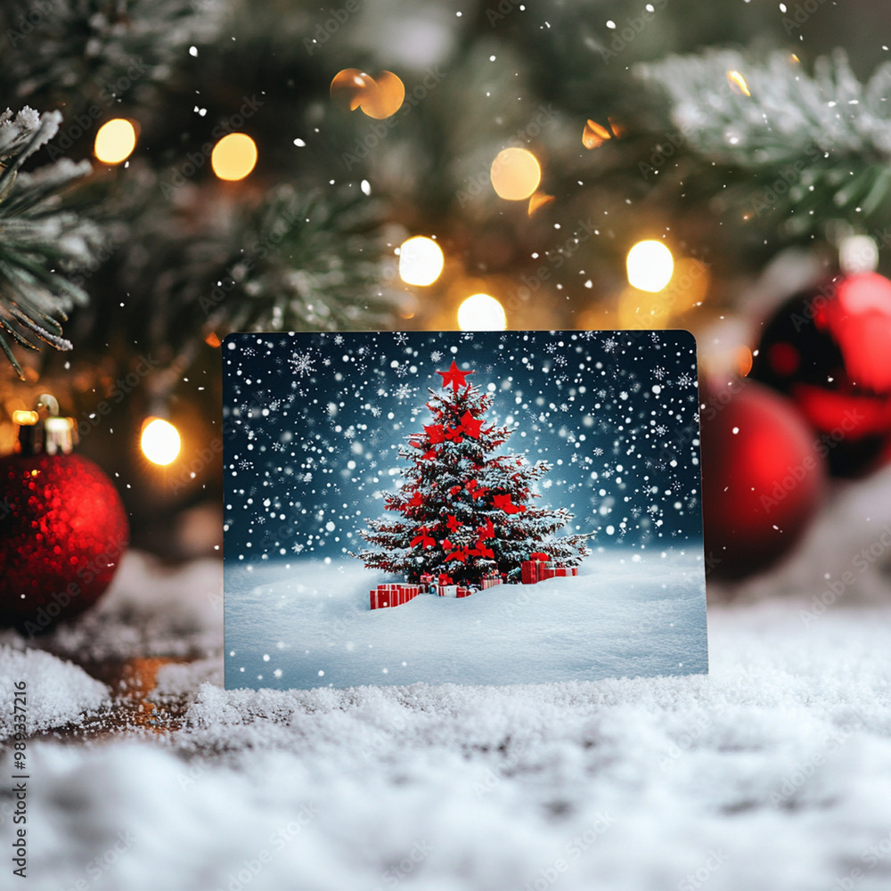 A beautiful Christmas scene featuring decorated tree surrounded by snow and festive ornaments, perfect for holiday gifting A beautiful Christmas scene featuring decorated tree surrounded by snow and festive ornaments, perfect for holiday gifting