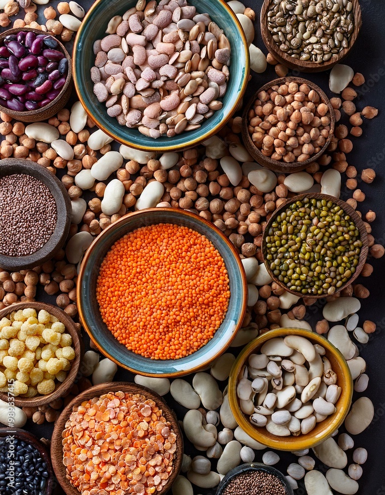 Various colorful legumes top view. Raw uncooked healthy vegan or vegetarian protein Various colorful legumes top view. Raw uncooked healthy vegan or vegetarian protein