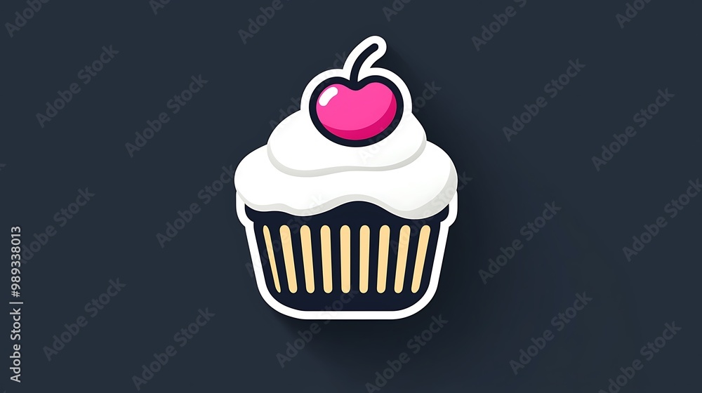 Sweet Cupcake App Icon on Dark Background with Cherry - Playful Vector Design in White with Flat Colors and Outline Sweet Cupcake App Icon on Dark Background with Cherry - Playful Vector Design in White with Flat Colors and Outline