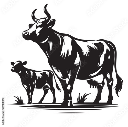 Adorable Cow Silhouette Vector Art Illustration