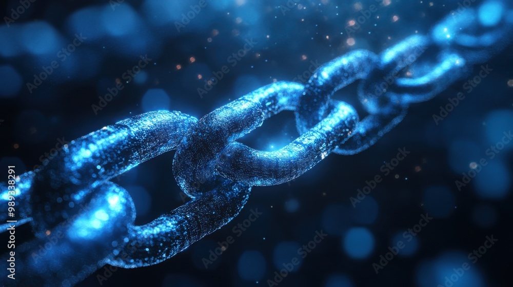 Close-up of glowing digital blockchain chain with sparkles in a dark virtual realm Close-up of glowing digital blockchain chain with sparkles in a dark virtual realm