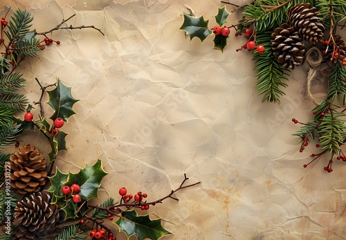Christmas Border Frame with Holly, Mistletoe, and Pine Cones