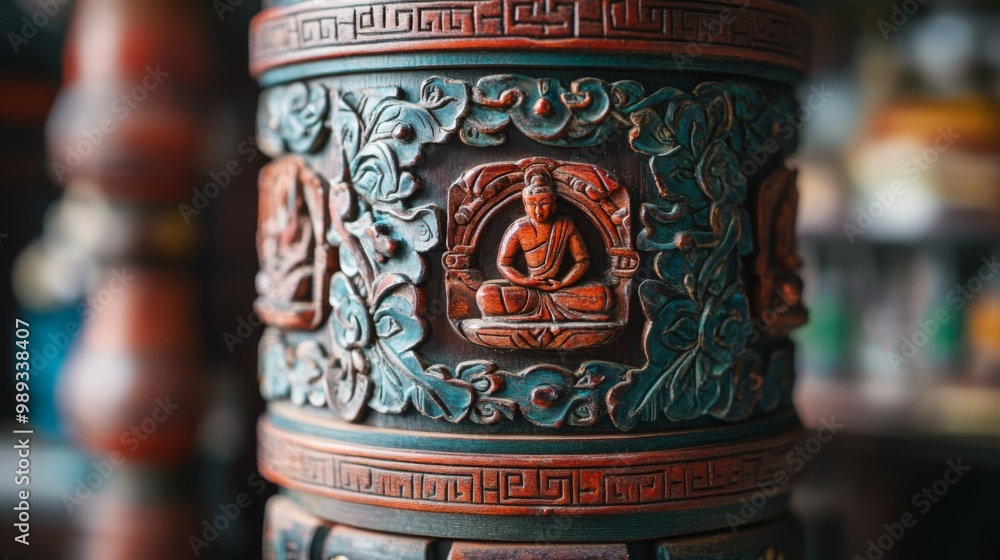 A close-up of a Tibetan prayer wheel, adorned with intricate carvings and symbols of Buddhist teachings A close-up of a Tibetan prayer wheel, adorned with intricate carvings and symbols of Buddhist teachings