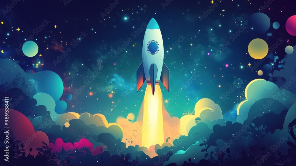 Colorful rocket launching into a starry night sky in a whimsical space scene Colorful rocket launching into a starry night sky in a whimsical space scene