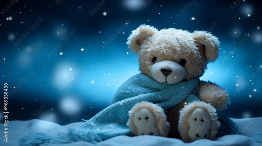 Cozy teddy bear snuggled in bed with starry bedding in a charming child s bedroom decor Cozy teddy bear snuggled in bed with starry bedding in a charming child s bedroom decor