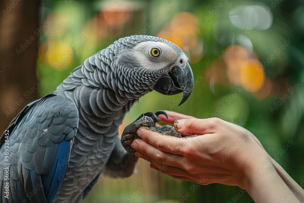 Obraz premium African Grey parrot interacting with human hand in nature