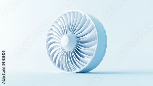 3D rendered image of a turbine design with intricate details on a soft blue background.