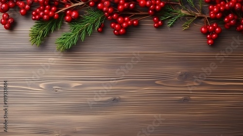 Christmas Border with Red Berries and Pine on Wood