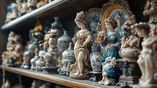 A collection of antique porcelain figurines displayed on a shelf, adding a touch of elegance.