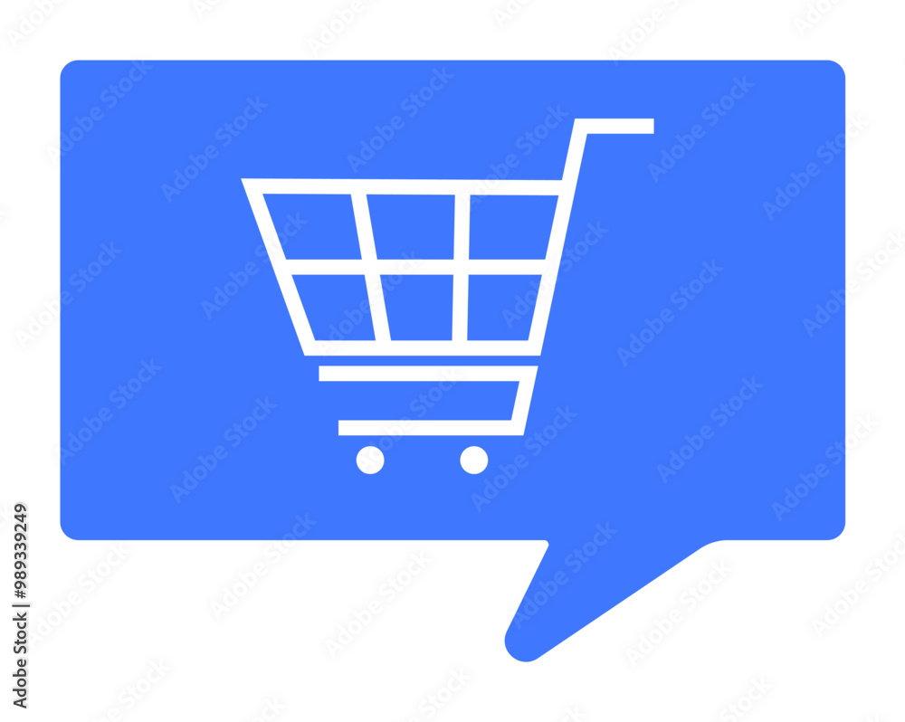 White shopping cart on a blue speech bubble. Ideal for e-commerce, online shopping, digital marketing, consumerism, and web apps. Modern, minimalist, flat. White shopping cart on a blue speech bubble. Ideal for e-commerce, online shopping, digital marketing, consumerism, and web apps. Modern, minimalist, flat.