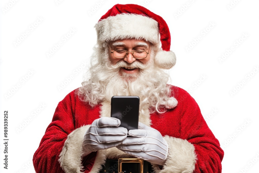 Santa Claus joyfully using a smartphone dressed in classic red suit and hat, surrounded by holiday cheer. Symbolizes modern technology blending with traditional Christmas spirit. Generated AI Santa Claus joyfully using a smartphone dressed in classic red suit and hat, surrounded by holiday cheer. Symbolizes modern technology blending with traditional Christmas spirit. Generated AI
