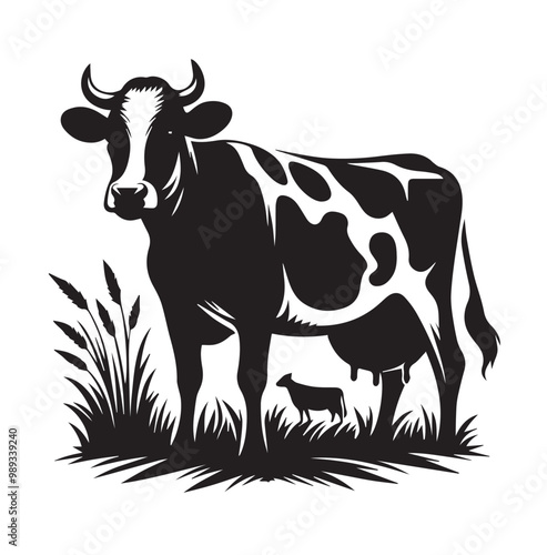Adorable Cow Silhouette Vector Art Illustration