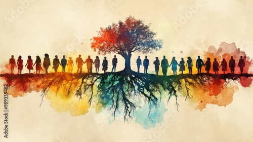 Diverse group of people united around a tree symbolizing community and connection