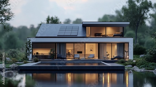 Modern luxury house with solar panels by a tranquil lake at sunset