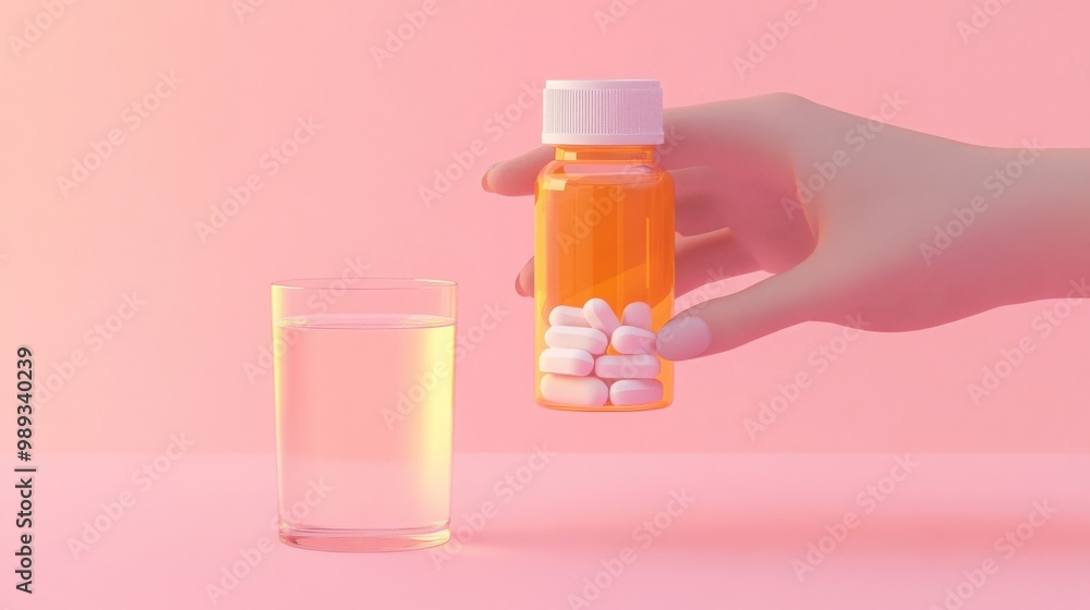 hand holding a bottle of vitamins and supplements next to a glass of water hand holding a bottle of vitamins and supplements next to a glass of water