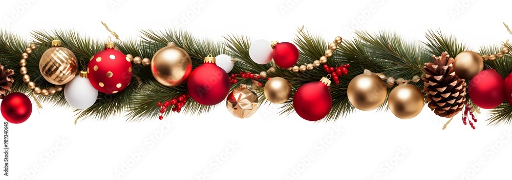 Christmas Garland Border with Ornaments & Pine Cones Christmas Garland Border with Ornaments & Pine Cones