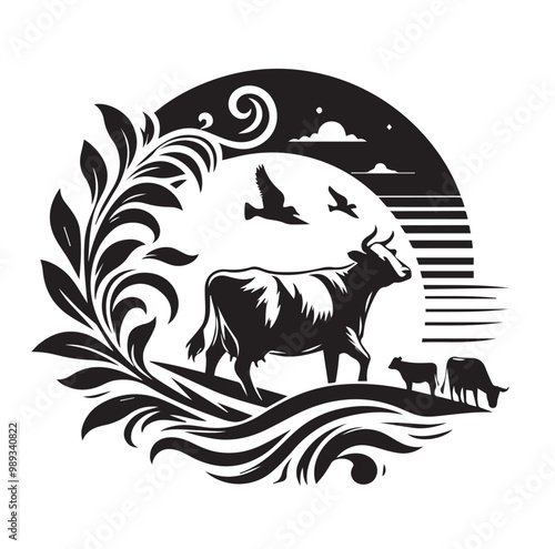 Adorable Cow Silhouette Vector Art Illustration