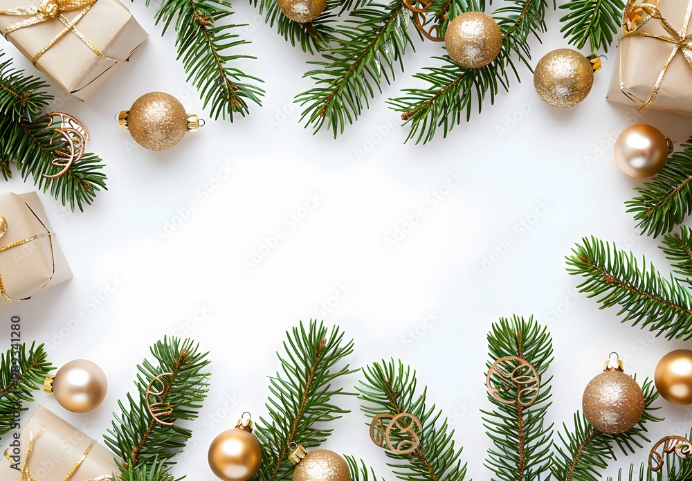 Christmas Fir Branch Garland With Gifts And Gold Balls Christmas Fir Branch Garland With Gifts And Gold Balls