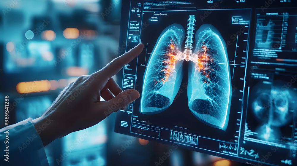 Person, hands and medical xray of lungs for asthma, cancer or ...