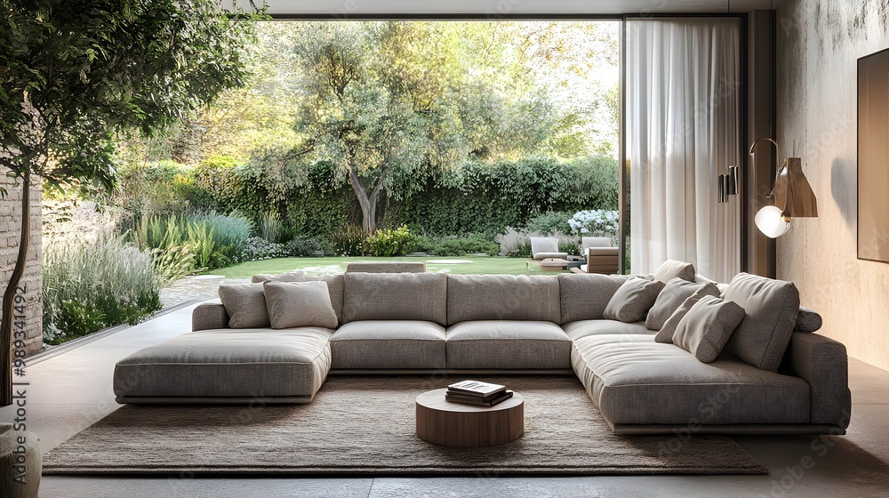 A 3D rendered image of a cozy and inviting modern living room featuring a large comfortable sectional sofa minimalist and stylish decor rich textures and natural materials an earthy color scheme A 3D rendered image of a cozy and inviting modern living room featuring a large comfortable sectional sofa minimalist and stylish decor rich textures and natural materials an earthy color scheme
