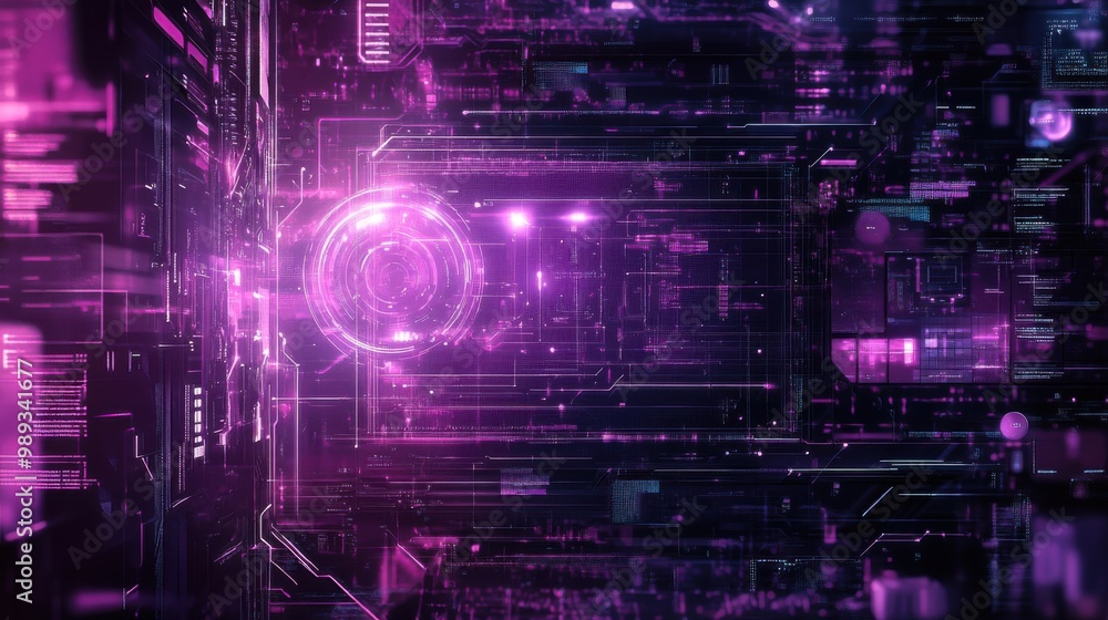 Futuristic digital interface with neon pink glowing circuit patterns in cyberspace Futuristic digital interface with neon pink glowing circuit patterns in cyberspace