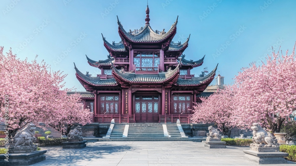 A grand Chinese temple with intricate carvings and statues, surrounded by blooming cherry blossom trees, under a clear blue sky, A grand Chinese temple with intricate carvings and statues, surrounded by blooming cherry blossom trees, under a clear blue sky,