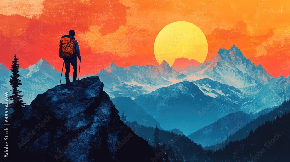 Hiker enjoying scenic mountain sunrise in vibrant landscape Hiker enjoying scenic mountain sunrise in vibrant landscape