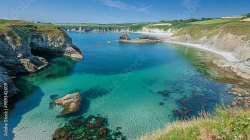 A picturesque, rarely visited English coastal cove, with crystal clear waters and rugged cliffs,