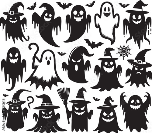 Halloween scary ghosts silhouette collection vector illustration isolated on a white background