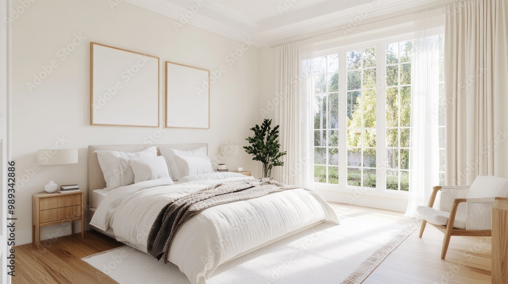 Minimalist bedroom in a home, featuring simple and a neutral color palette Minimalist bedroom in a home, featuring simple and a neutral color palette