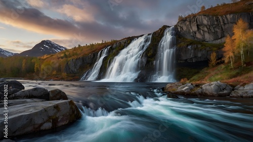 Waterfall in autumn nature, outdoor mountains landscape, northern national park travel photo