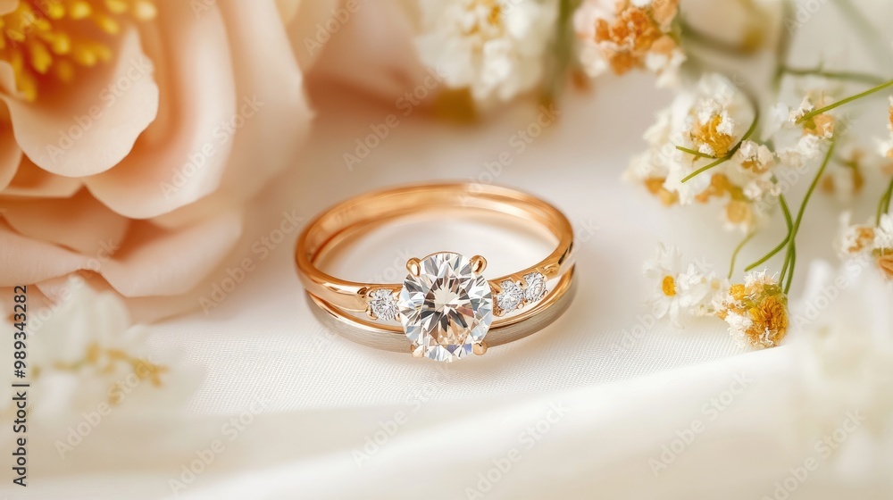 Wedding rings on a light, airy background with a soft-focus floral arrangement Wedding rings on a light, airy background with a soft-focus floral arrangement