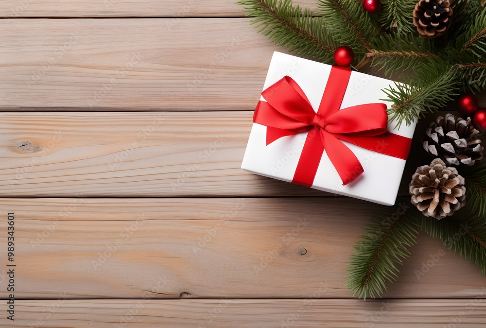 Fototapeta premium Christmas Gift Box with Red Ribbon on Wooden Background