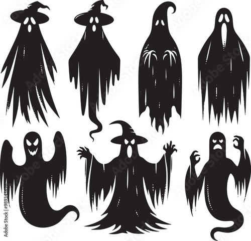 Halloween scary ghosts silhouette collection vector illustration isolated on a white background