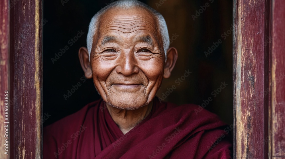 Naklejka premium Portrait of an elderly Tibetan monk with a warm, gentle smile, deep wrinkles marking his face as he stands in the doorway of a centuries-old monastery