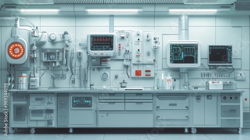 Modern hospital control room with monitors and medical equipment for patient care