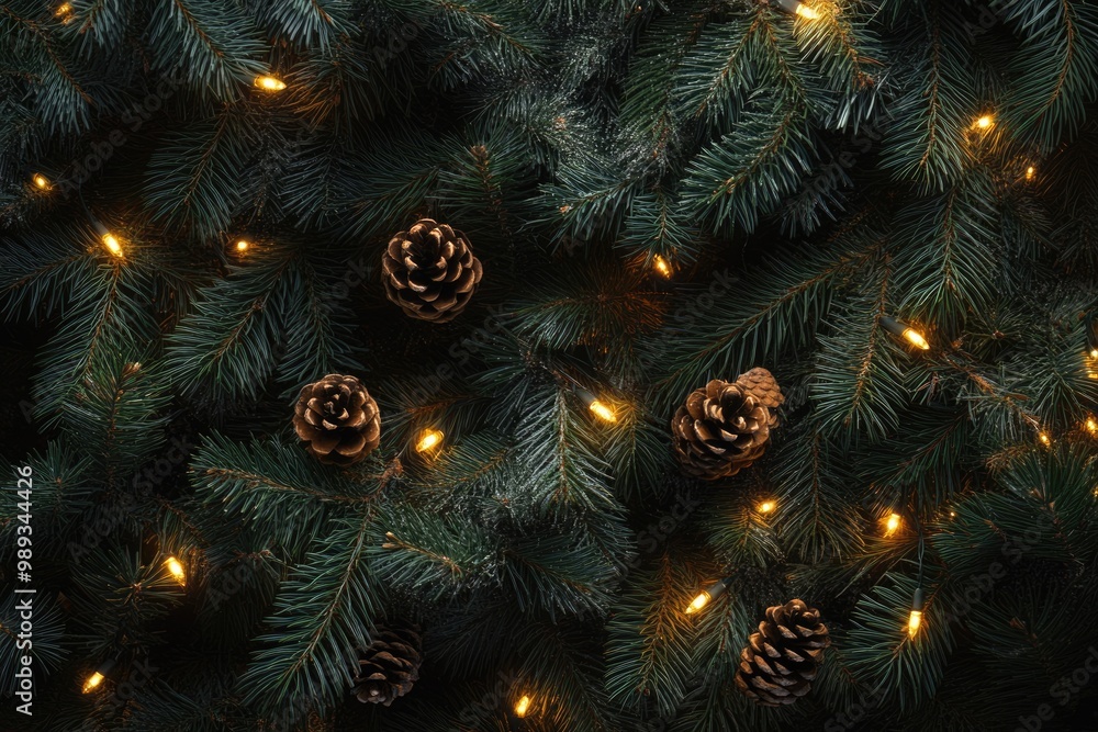 Fototapeta premium Above view on pine tree branches with Christmas fairy lights and cones