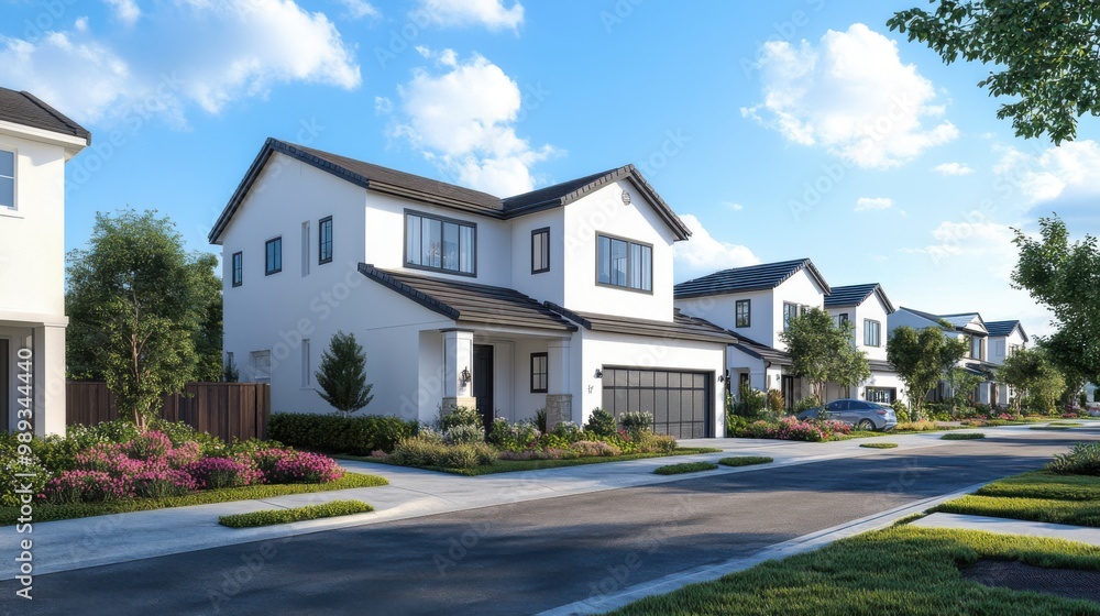 Modern suburban home in residential neighborhood on sunny day Modern suburban home in residential neighborhood on sunny day