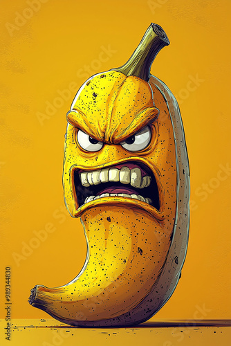 Funny Angry Banana Character Cartoon Illustration in Playful Vibrant Colors