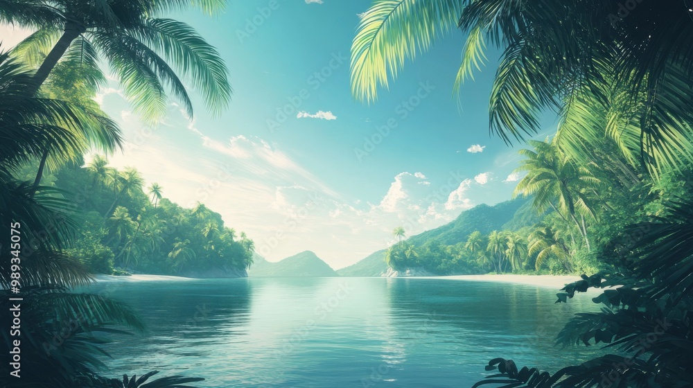 Fototapeta premium Serene tropical beach with palm trees and azure waters at sunrise
