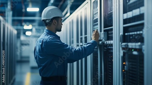 A power supply system in a data center, with rows of UPS units providing backup power, and a technician monitoring the system,