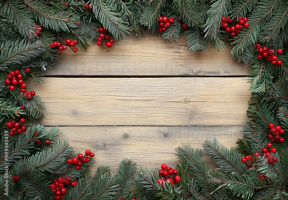 Christmas Wooden Background with Evergreen and Berries Christmas Wooden Background with Evergreen and Berries