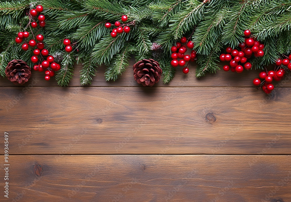 Christmas Wooden Background With Berries And Pine Christmas Wooden Background With Berries And Pine